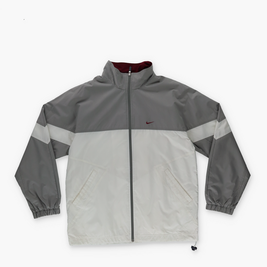 NIKE 90s Grey & White Embroidered Red Swoosh Lined Windbreaker Zip-Up Jacket (L)