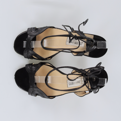 JIMMY CHOO Black Leather Italian Made Tie Strap Sandal Heels (40)