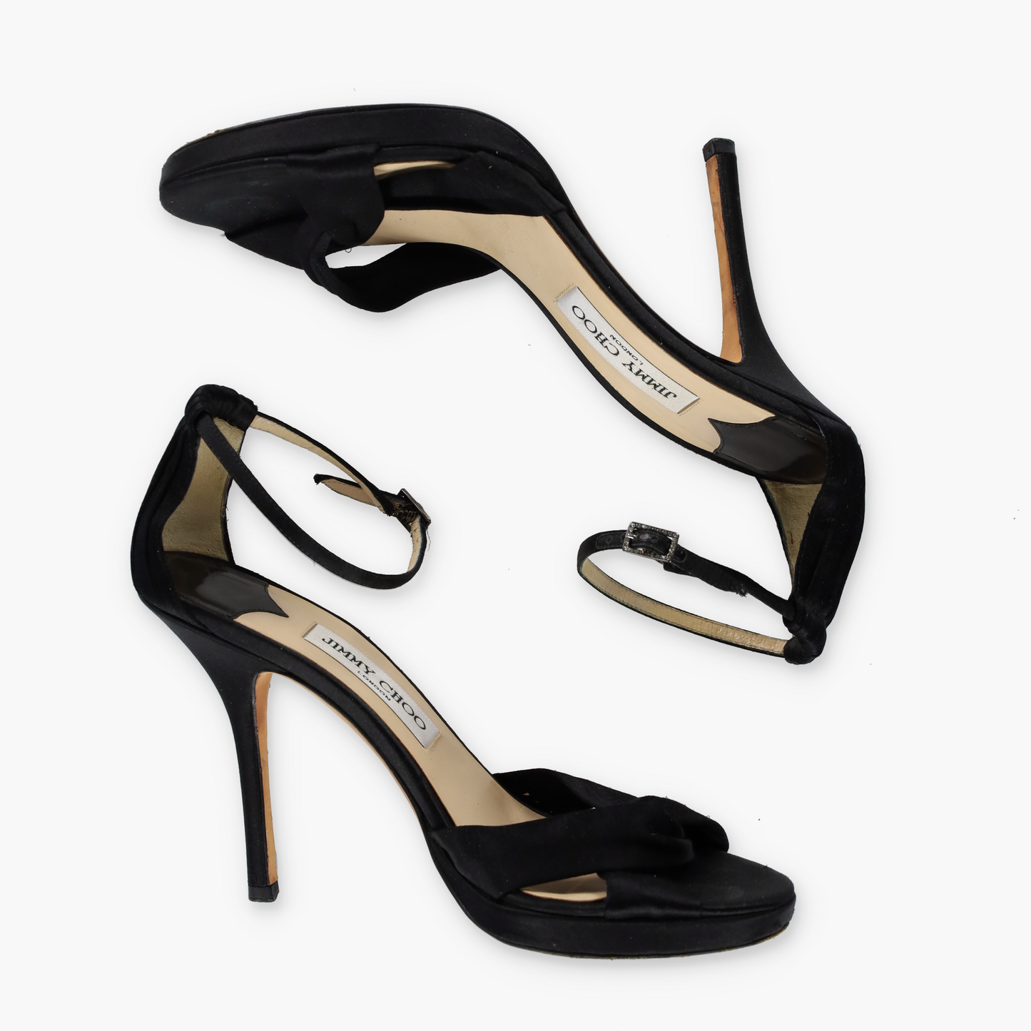JIMMY CHOO Black Satin Adjustable Strap Stiletto Sandal Heels Italian Made (39)