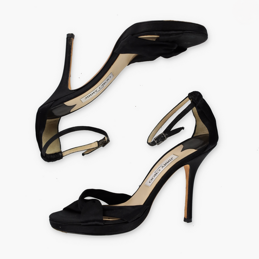 JIMMY CHOO Black Satin Adjustable Strap Stiletto Sandal Heels Italian Made (39)
