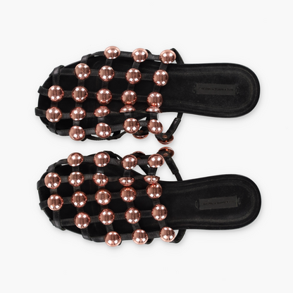 ALEXANDER WANG Black & Rose Gold Studded 'Amelia' Leather Sandals (39.5)
