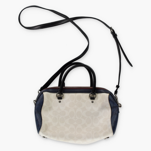 COACH 'Rowan' Cream & Navy Signature Monogram Satchel Bag