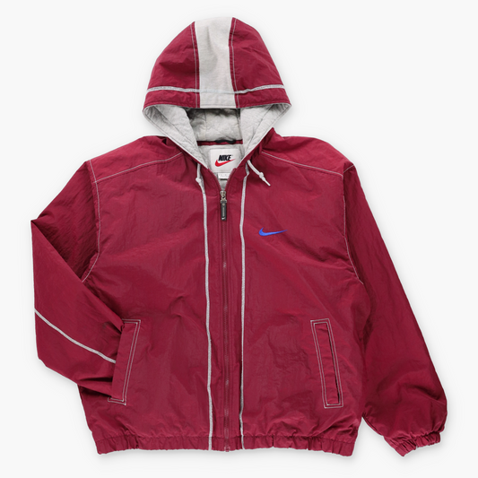 NIKE Burgundy & Bright Blue Embroidered Swoosh Hooded Windbreaker Jacket (L)