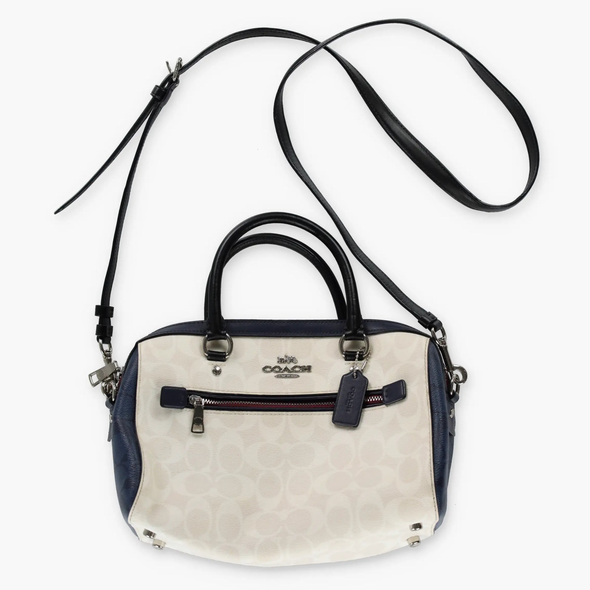 COACH 'Rowan' Cream & Navy Signature Monogram Satchel Bag - Vintage Sole Melbourne