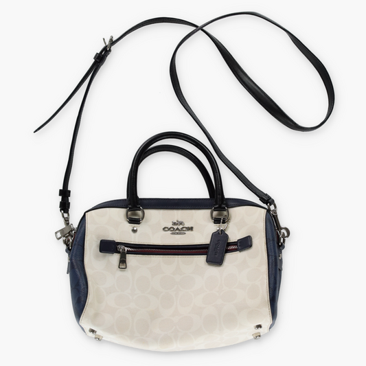COACH 'Rowan' Cream & Navy Signature Monogram Satchel Bag