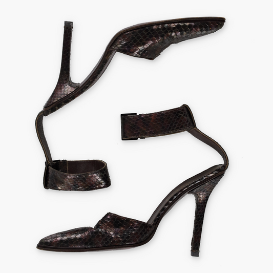 GUCCI Brown Metallic Python Leather Ankle Strap Italian Made Stiletto Heels (37)