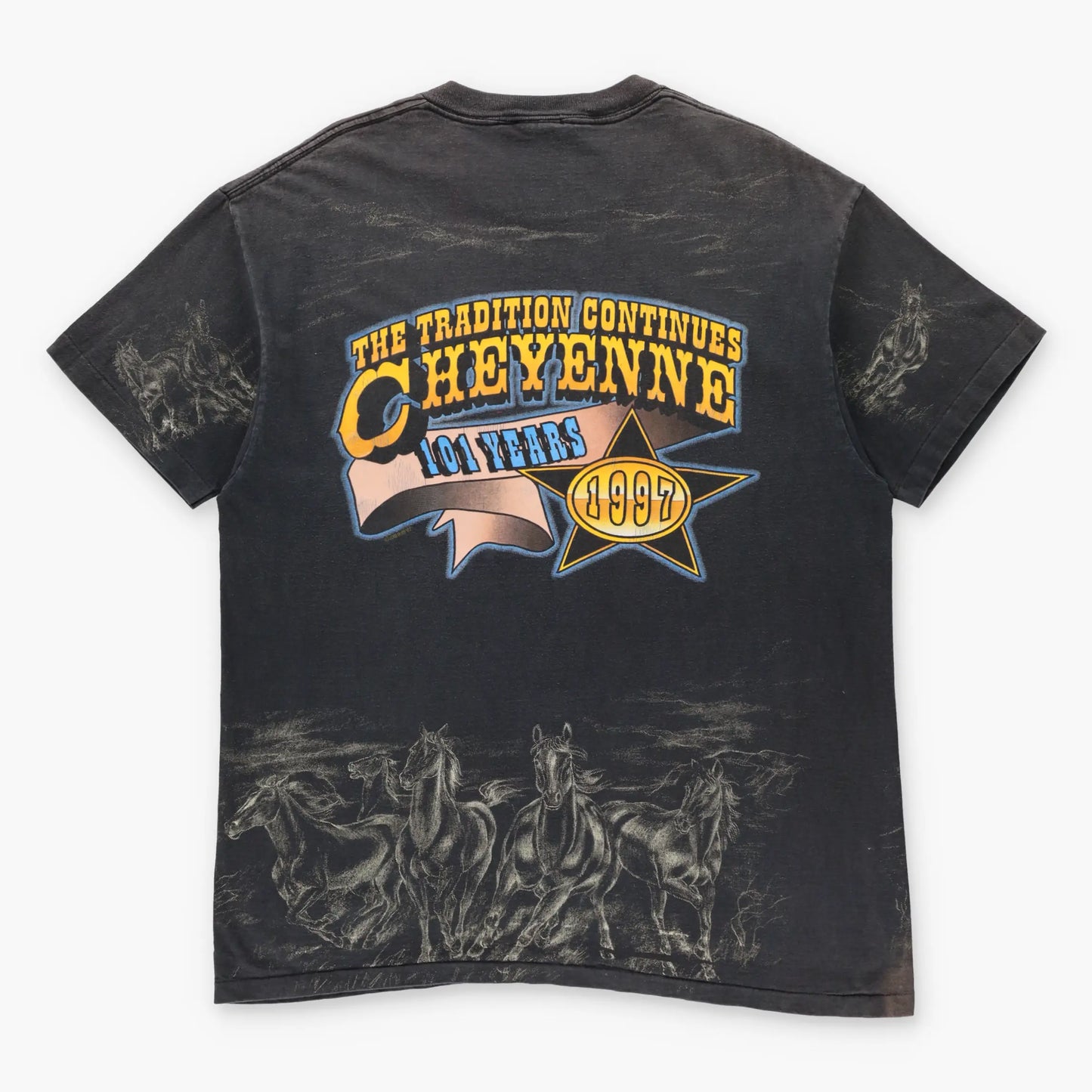 Cheyenne Rodeo 1997 "The Tradition Continues" Horses All Over Print Single Stitch T-Shirt (L) Vintage Sole Melbourne