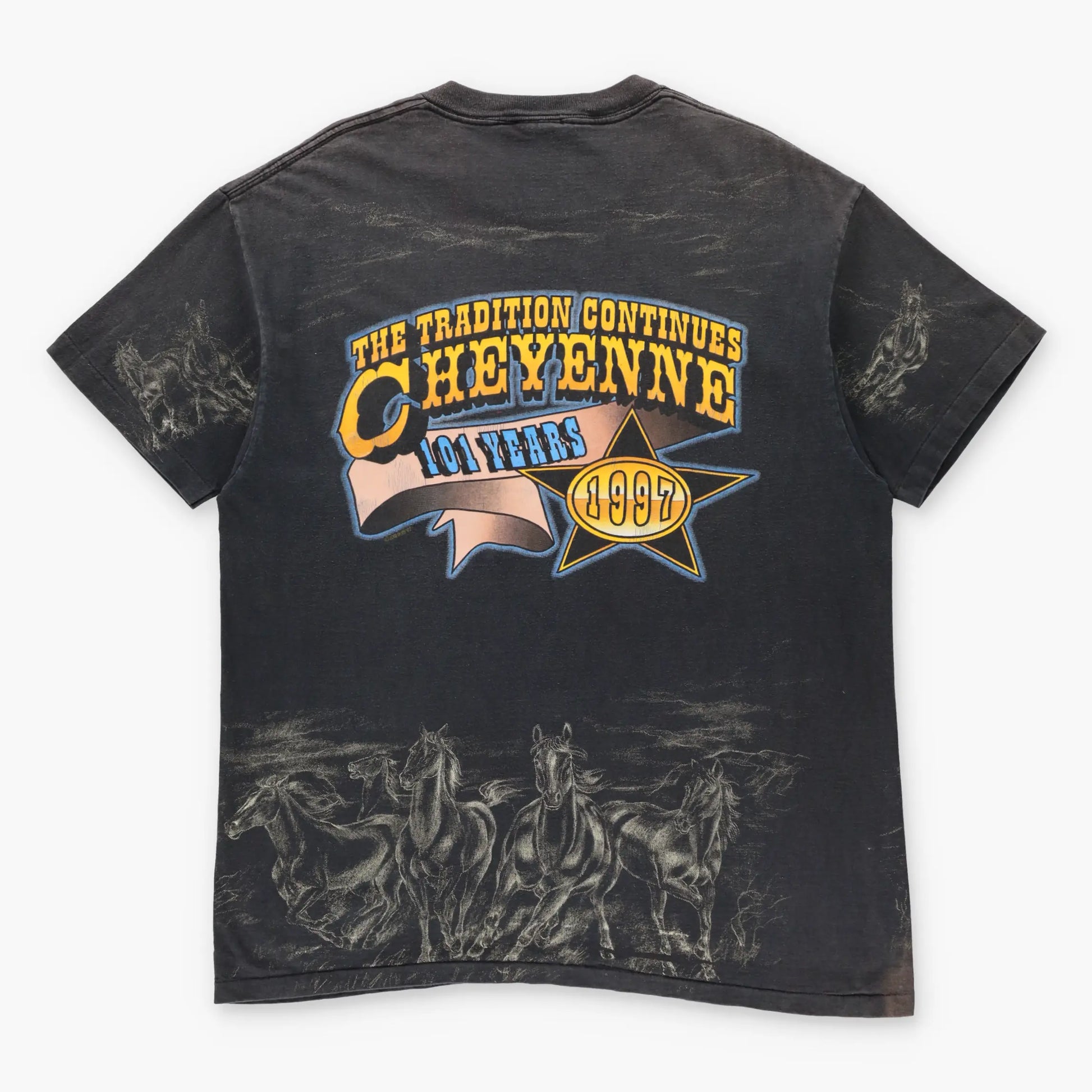 Cheyenne Rodeo 1997 "The Tradition Continues" Horses All Over Print Single Stitch T-Shirt (L) Vintage Sole Melbourne