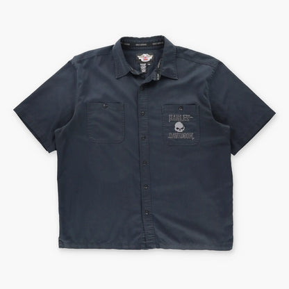 Vintage HARLEY DAVIDSON Embroidered Flaming Skull Short Sleeve Button-Down Biker Shirt (XXL)