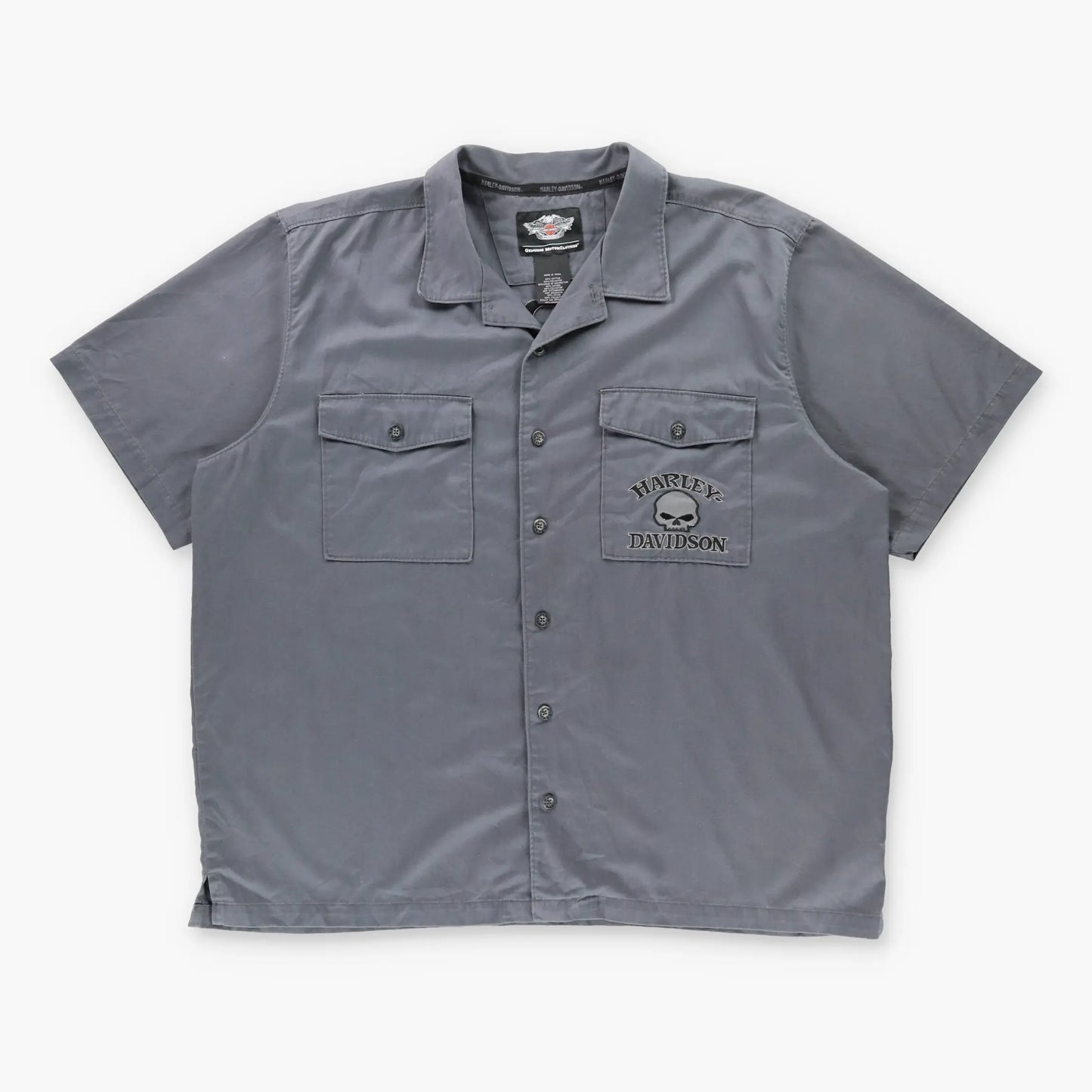 HARLEY DAVIDSON Embroidered Willie G. Skull Patch Grey Button-Down Short Sleeve Shirt (XXL-XXXL)