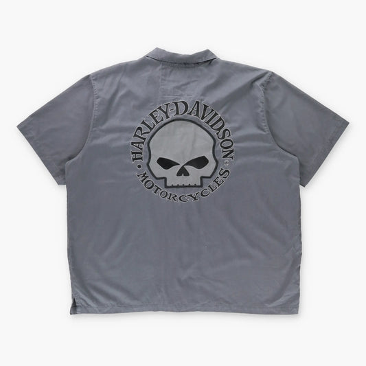 HARLEY DAVIDSON Embroidered Willie G. Skull Patch Grey Button-Down Short Sleeve Shirt (XXL-XXXL)
