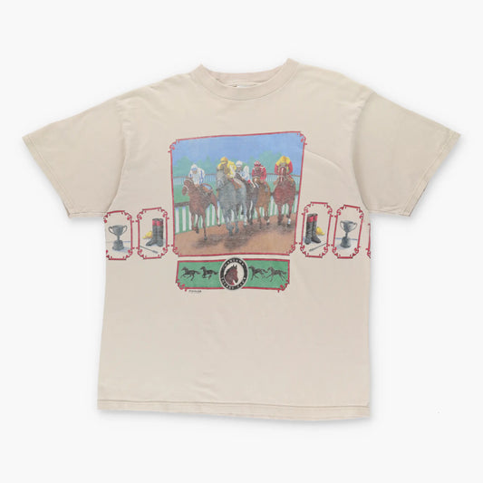 Vintage 1996 Jockey Horse Racing Wrap Around Print Beige T-Shirt (XL)
