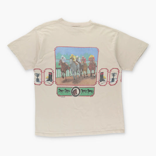 Vintage 1996 Jockey Horse Racing Wrap Around Print Beige T-Shirt (XL)