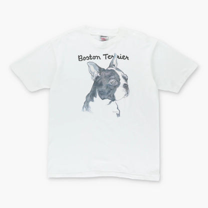 Vintage 1989 Boston Terrier Dog Sketch Single Stitch White T-Shirt (M-L)