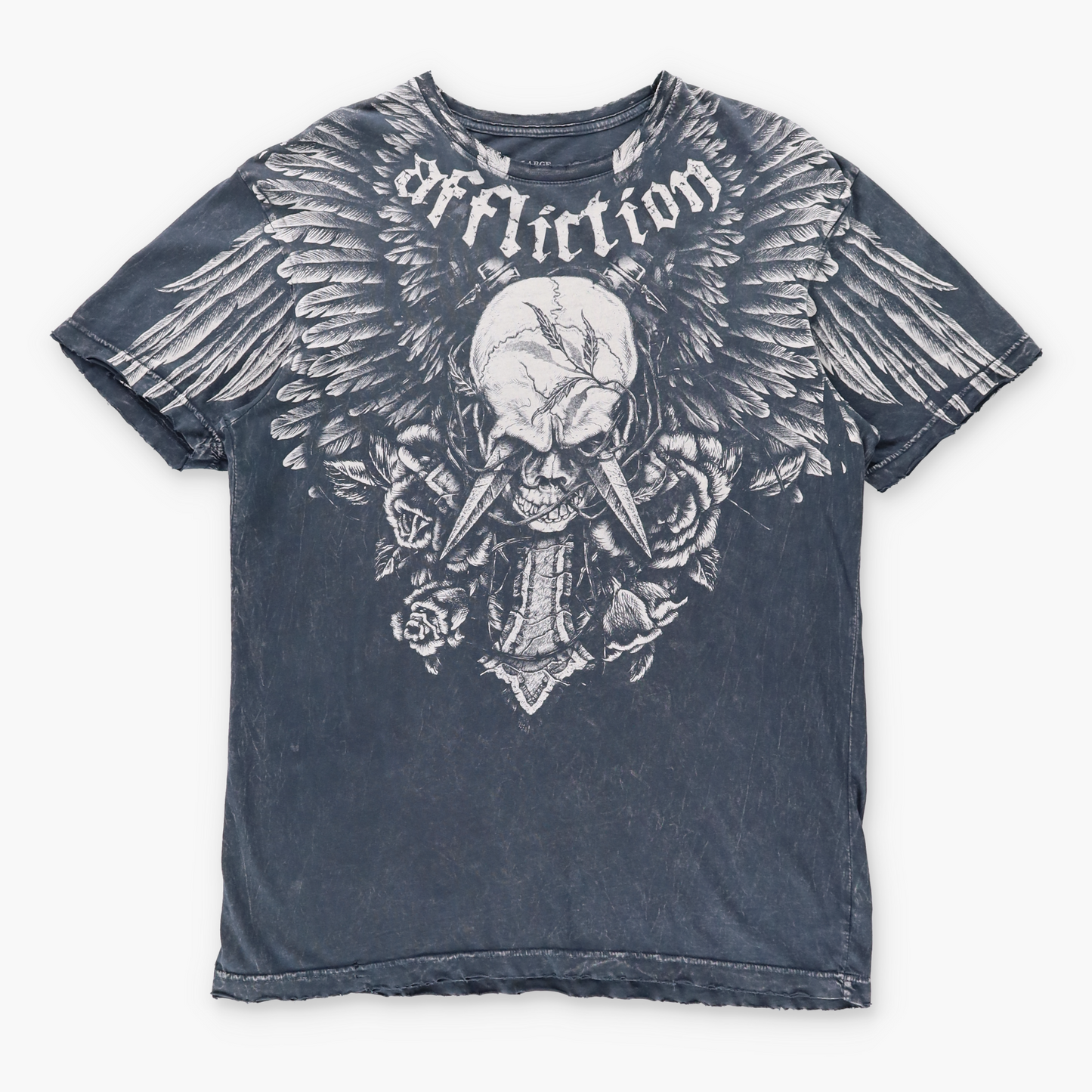 Vintage AFFLICTION Y2K Distressed Skull Dagger Eyes Cross Wing USA Made T-Shirt (XL) Vintage Sole Melbourne