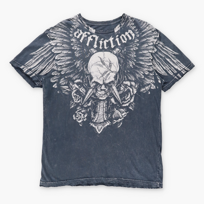 Vintage AFFLICTION Y2K Distressed Skull Dagger Eyes Cross Wing USA Made T-Shirt (XL) Vintage Sole Melbourne