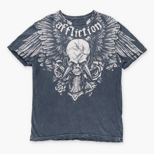 Vintage AFFLICTION Y2K Distressed Skull Dagger Eyes Cross Wing USA Made T-Shirt (XL)