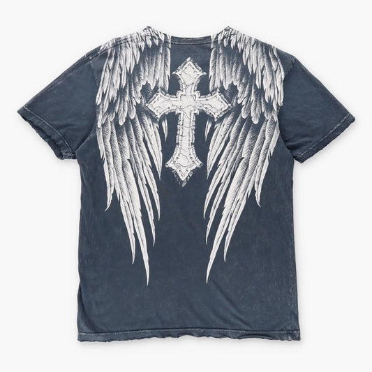 Vintage AFFLICTION Y2K Distressed Skull Dagger Eyes Cross Wing USA Made T-Shirt (XL)