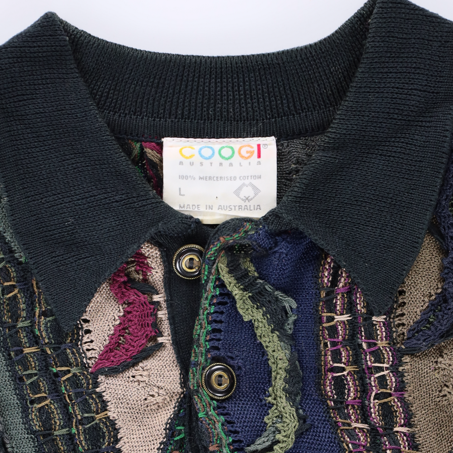 COOGI AUSTRALIA Green Multicoloured 1/4 Button Collared 3D Knit Sweater (L)