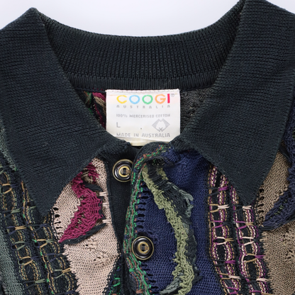 COOGI AUSTRALIA Green Multicoloured 1/4 Button Collared 3D Knit Sweater (L)