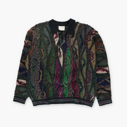 COOGI AUSTRALIA Green Multicoloured 1/4 Button Collared 3D Knit Sweater (L)