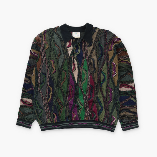 COOGI AUSTRALIA Green Multicoloured 1/4 Button Collared 3D Knit Sweater (L)