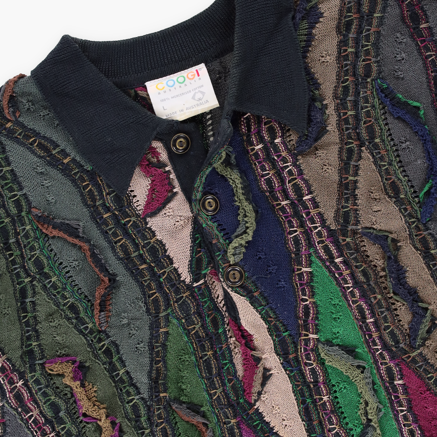 COOGI AUSTRALIA Green Multicoloured 1/4 Button Collared 3D Knit Sweater (L)