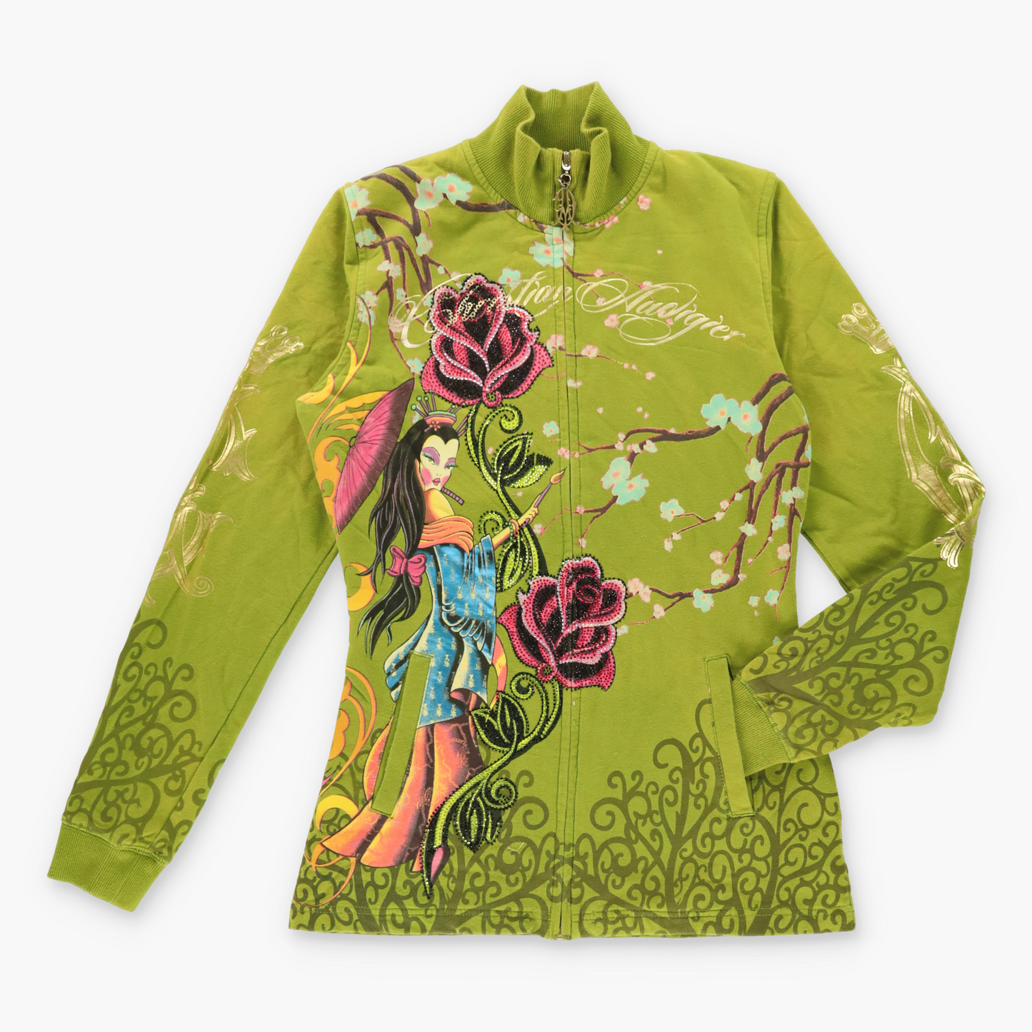 Vintage CHRISTIAN AUDIGIER Rhinestone Gold Text Zip Up Turtle Neck Sweatshirt *Aubs Vintage Sole Melbourne