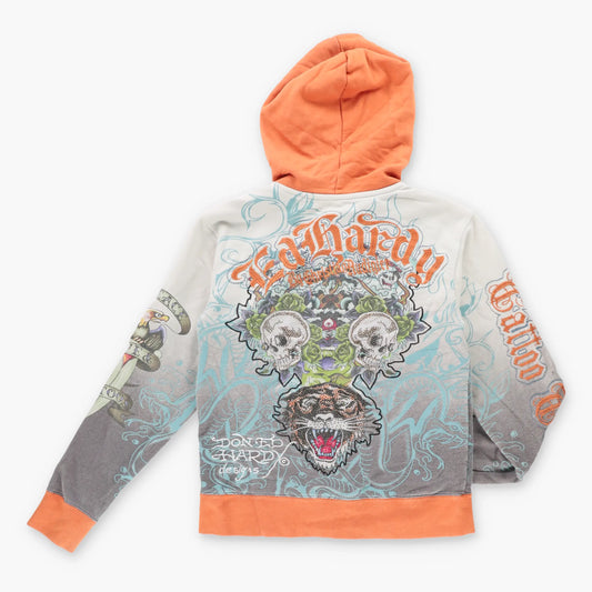 Vintage ED HARDY Skull Orange Hooded Sweatshirt *Aubs Vintage Sole Melbourne