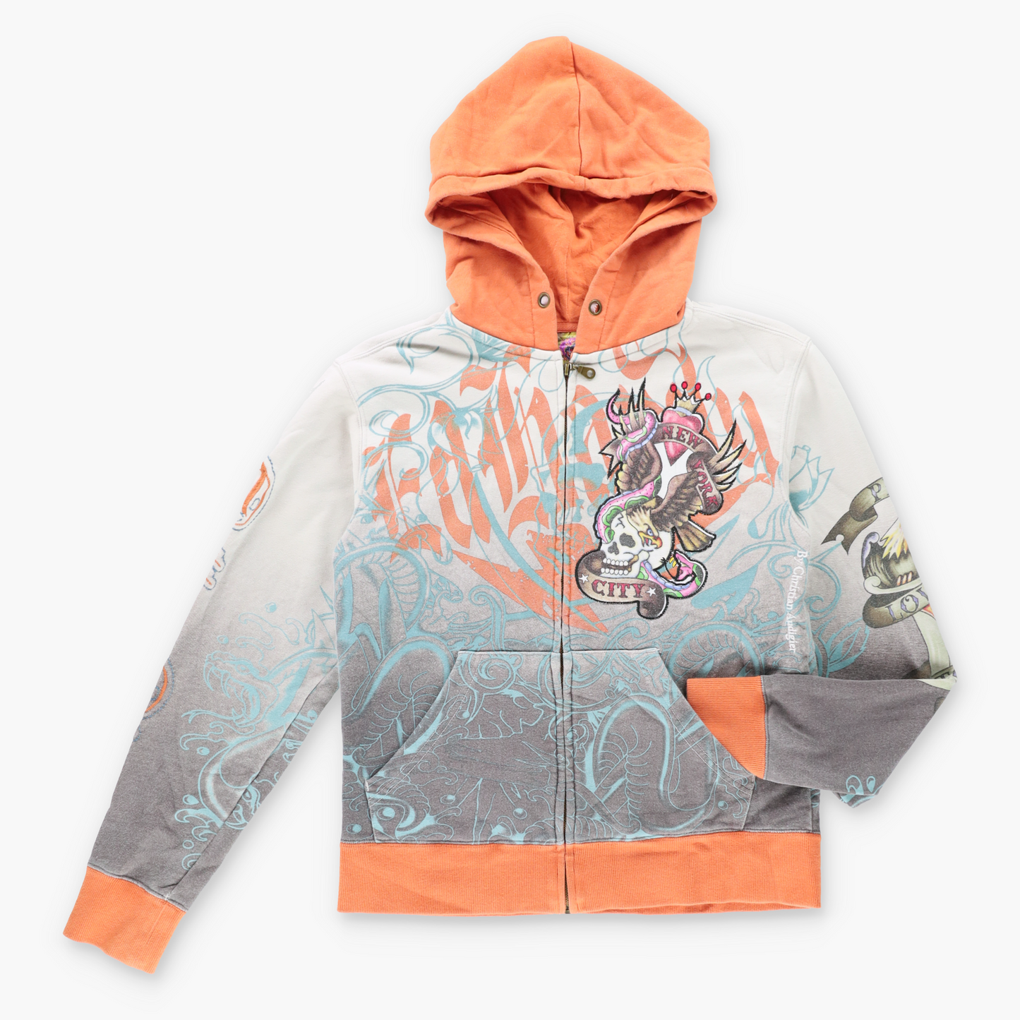 Vintage ED HARDY Skull Orange Hooded Sweatshirt *Aubs Vintage Sole Melbourne