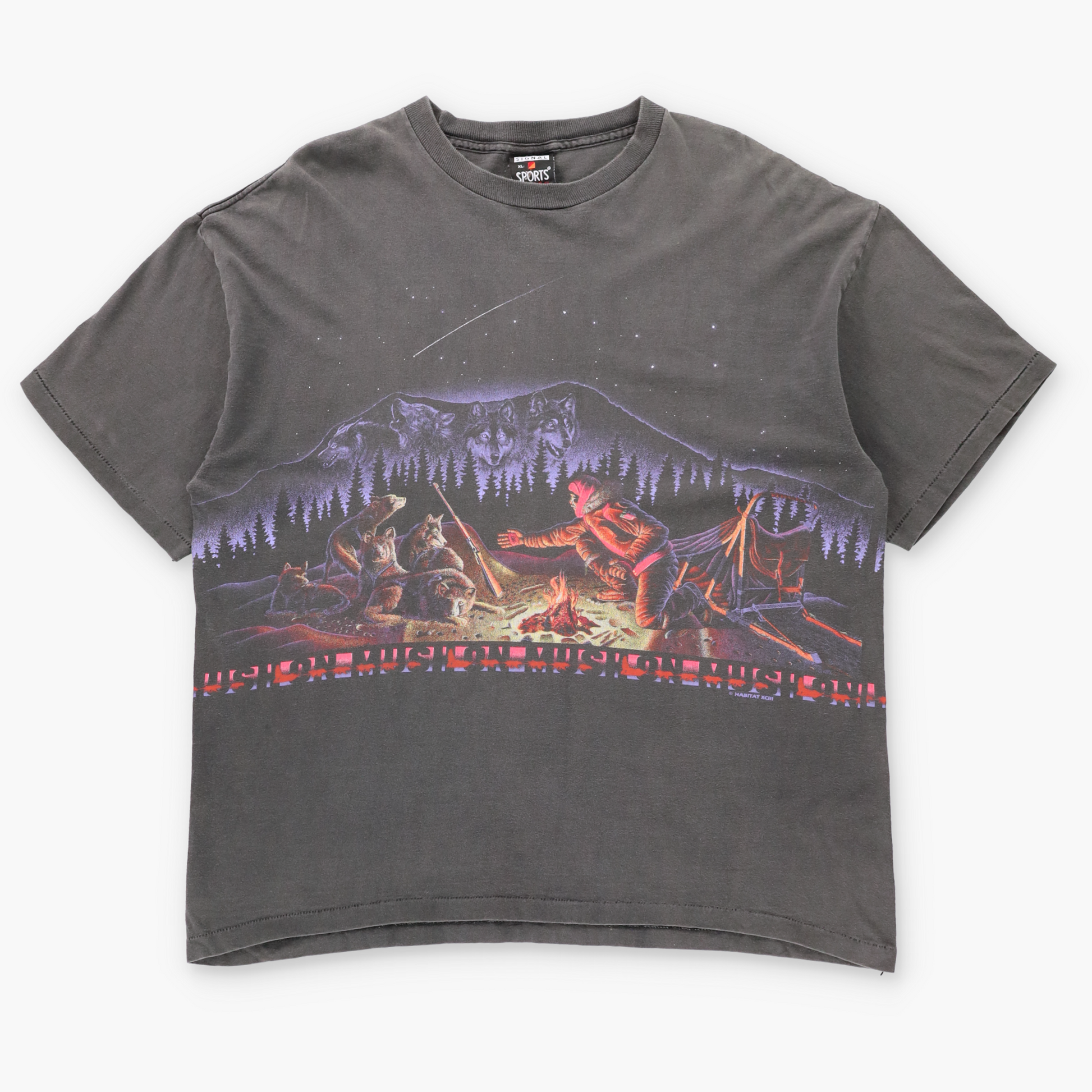 Vintage HABITAT Campfire Sled Dogs Night Scape All Over Print Single Stitch Tee USA Made (XL) ***COCO Vintage Sole Melbourne
