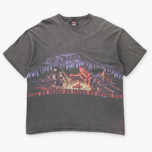 Vintage HABITAT Campfire Sled Dogs Night Scape All Over Print Single Stitch Tee USA Made (XL) ***COCO Vintage Sole Melbourne