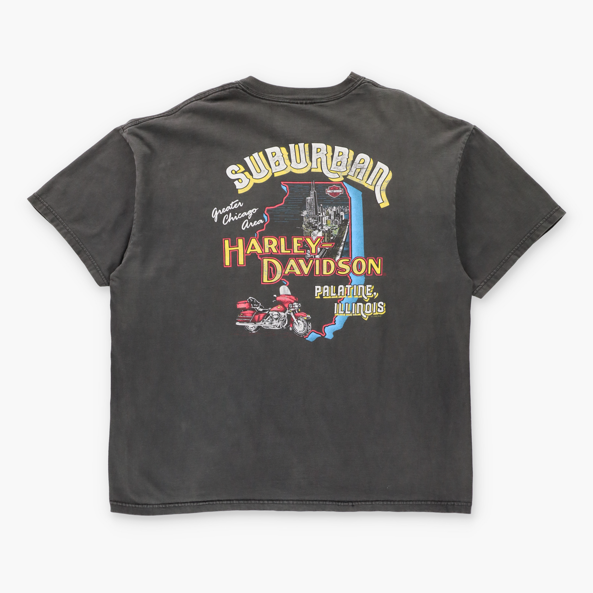 Vintage HARLEY DAVIDSON Suburban Chicago Illinois Map & USA Flag Flames Tee (XL) ***COCO Vintage Sole Melbourne