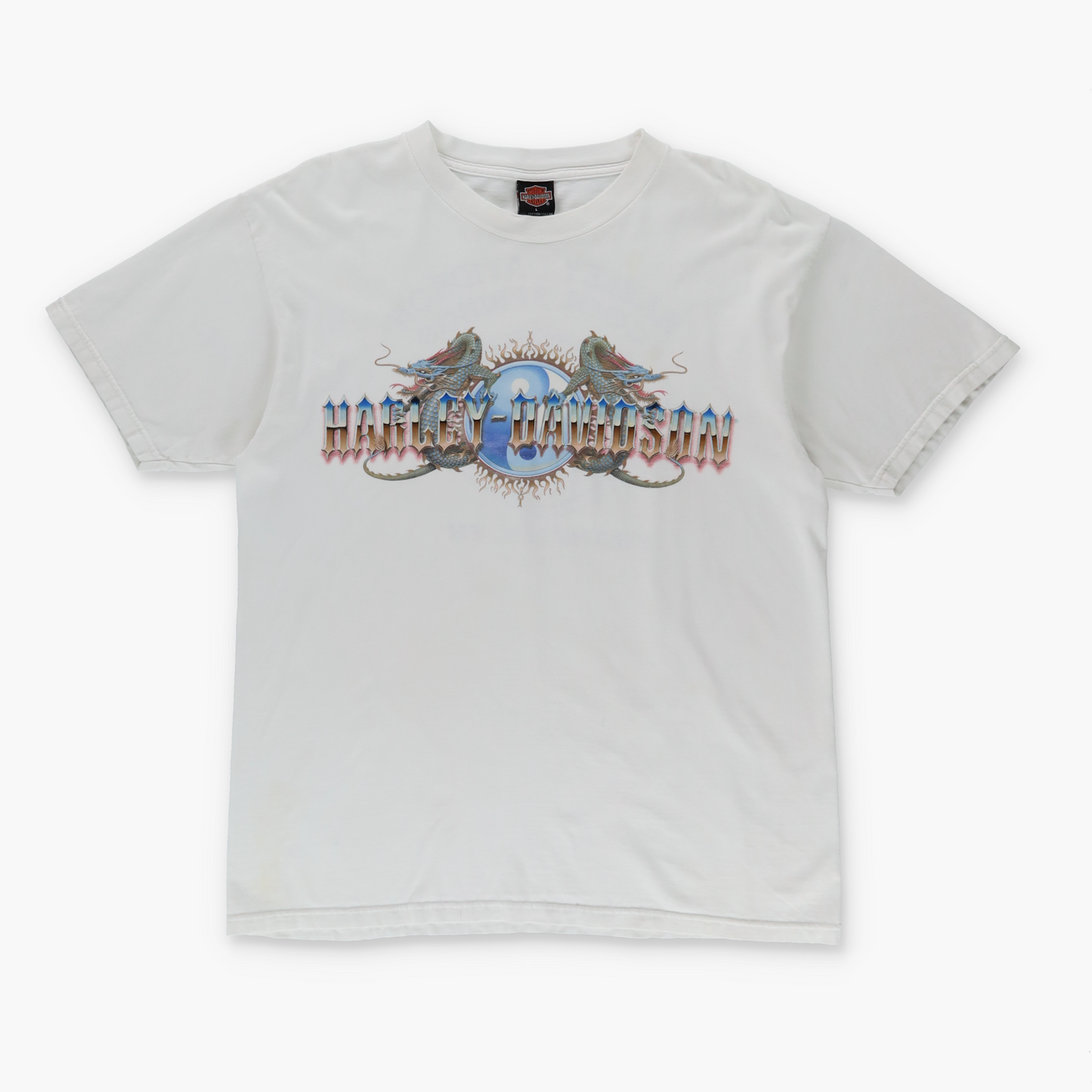 HARLEY DAVIDSON Y2K Dragon Yin Yang Logo White Motorcycle Tee (M-L)