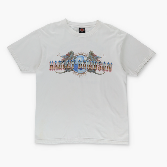 HARLEY DAVIDSON Y2K Dragon Yin Yang Logo White Motorcycle Tee (M-L)