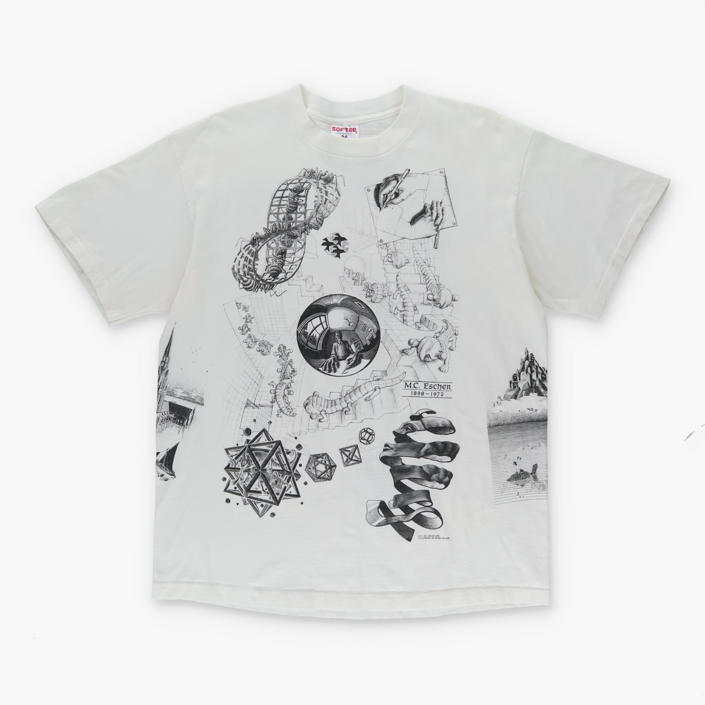 1991 MC ESCHER Sketches Drawing USA Made Black & White Art Tee (S-M)
