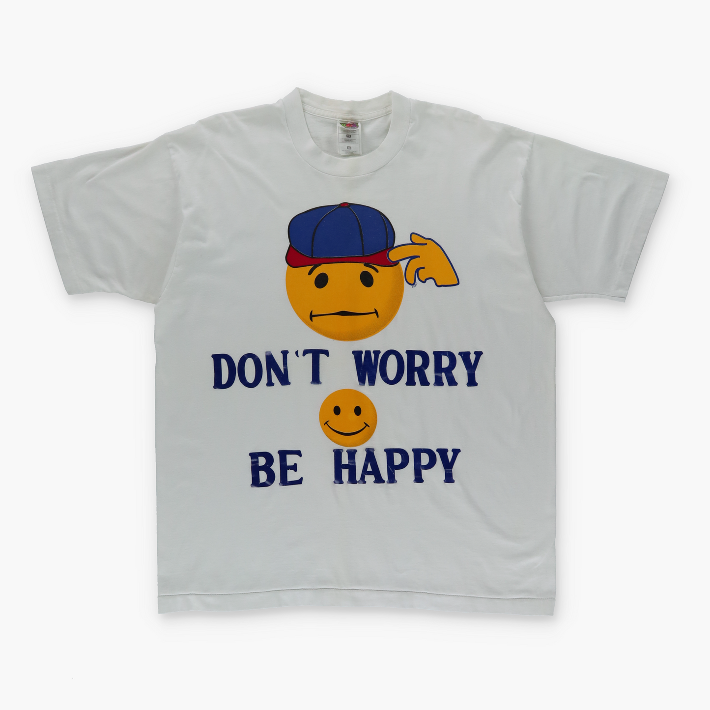 Vintage 'Don't Worry Be Happy' Emoji USA Made White Tee (XL)