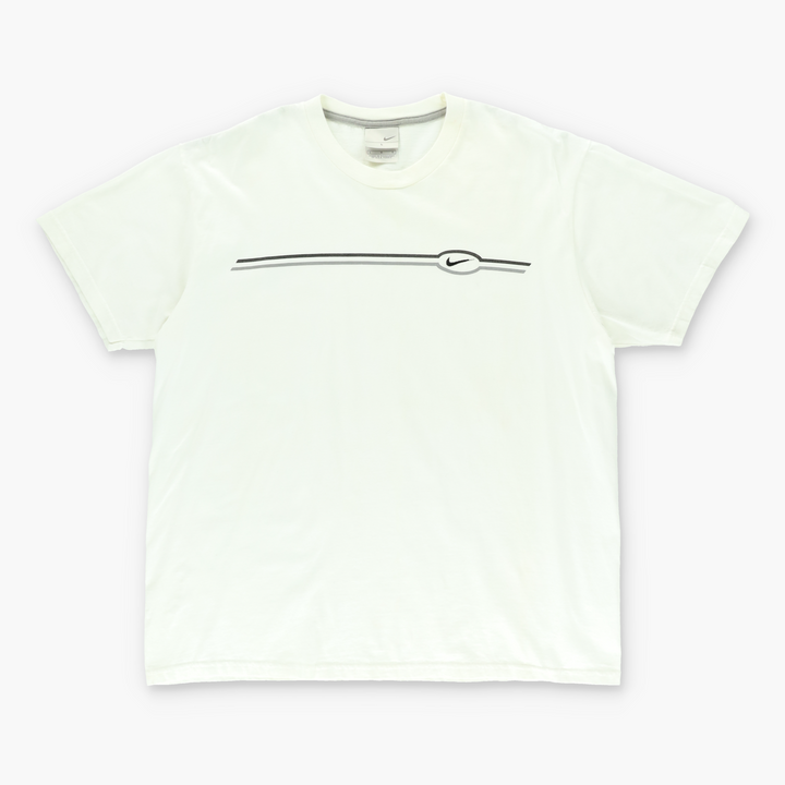 NIKE Embroidered Swoosh White & Grey Stripe Logo Tee (L)