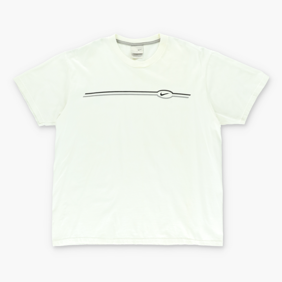 NIKE Embroidered Swoosh White & Grey Stripe Logo Tee (L)