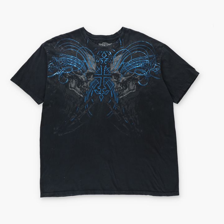 ELITE MMA Metallic Blue Cross & Skulls Y2K Style Tee (2XL)