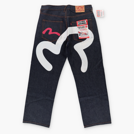 EVISU Big Logo White & Red Print New With Tag Dark Wash Jeans (36)