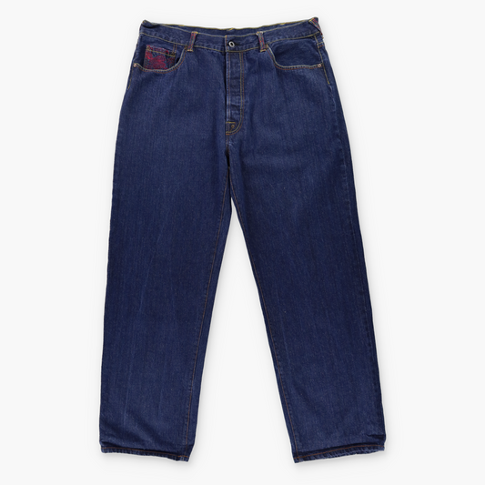 RED MONKEY Embroidered Pocket Japanese Bird Red & Blue Denim Jeans (40)