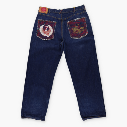 RED MONKEY Embroidered Pocket Japanese Bird Red & Blue Denim Jeans (40)