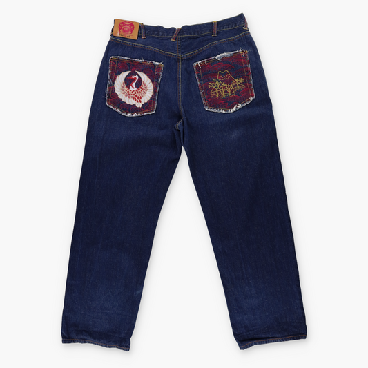 RED MONKEY Embroidered Pocket Japanese Bird Red & Blue Denim Jeans (40)