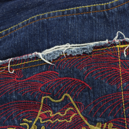 RED MONKEY Embroidered Pocket Japanese Bird Red & Blue Denim Jeans (40)