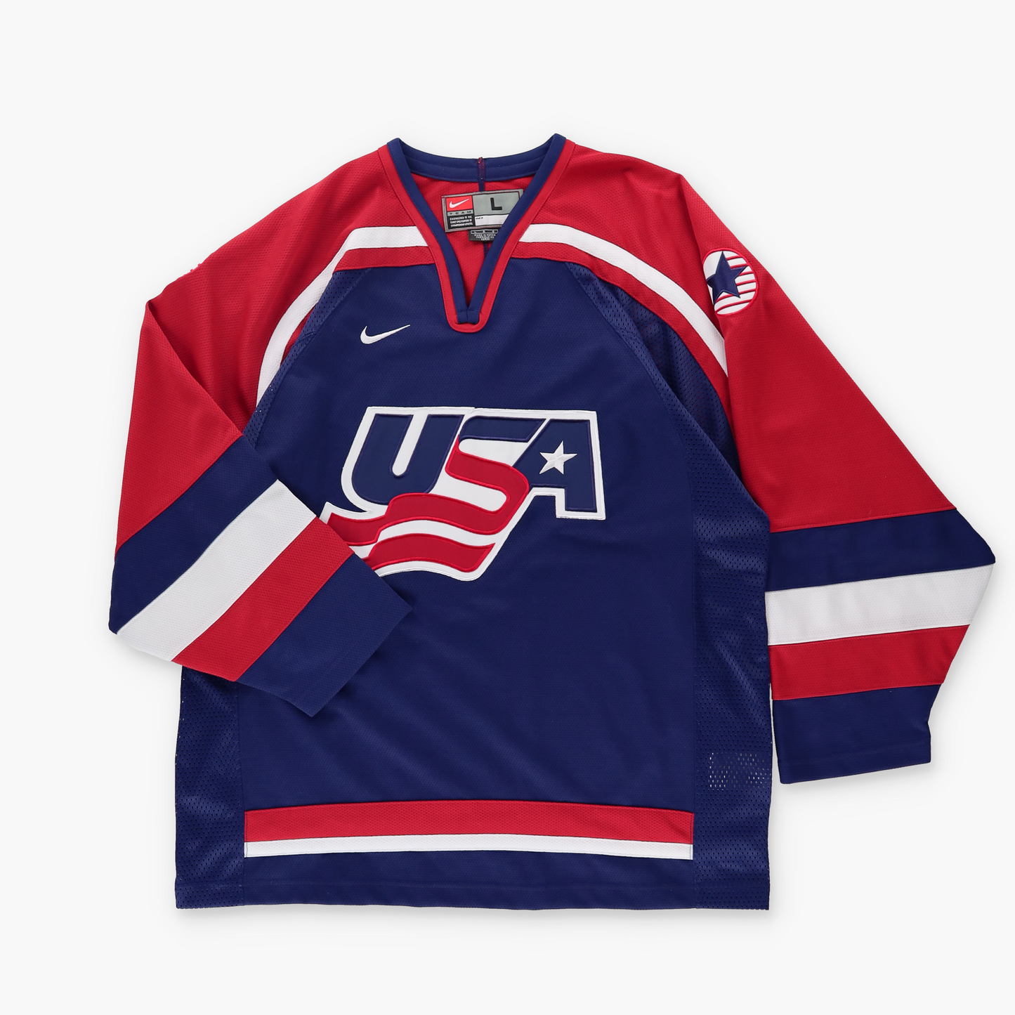 NIKE TEAM USA Olympic Korean Made Red & Navy Hockey Jersey (L)