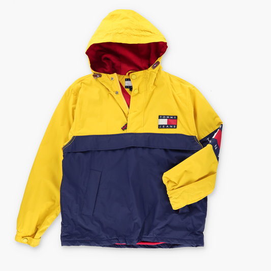 TOMMY HILFIGER Colour Blocked Logo Yellow & Navy Pullover Windbreaker Jacket (L)
