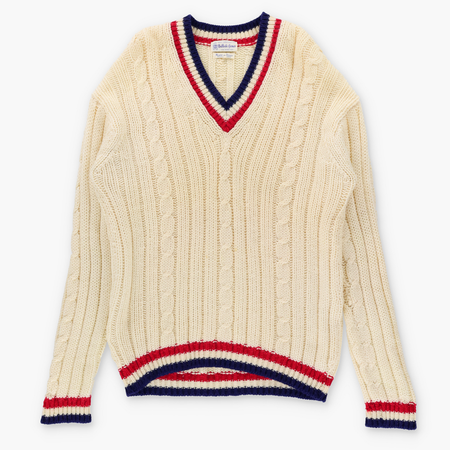 Vintage BULLOCK & JONES Italian Made Cream Wool Cable Knit V-Neck Sweater (L TALL) ***COCO Vintage Sole Melbourne