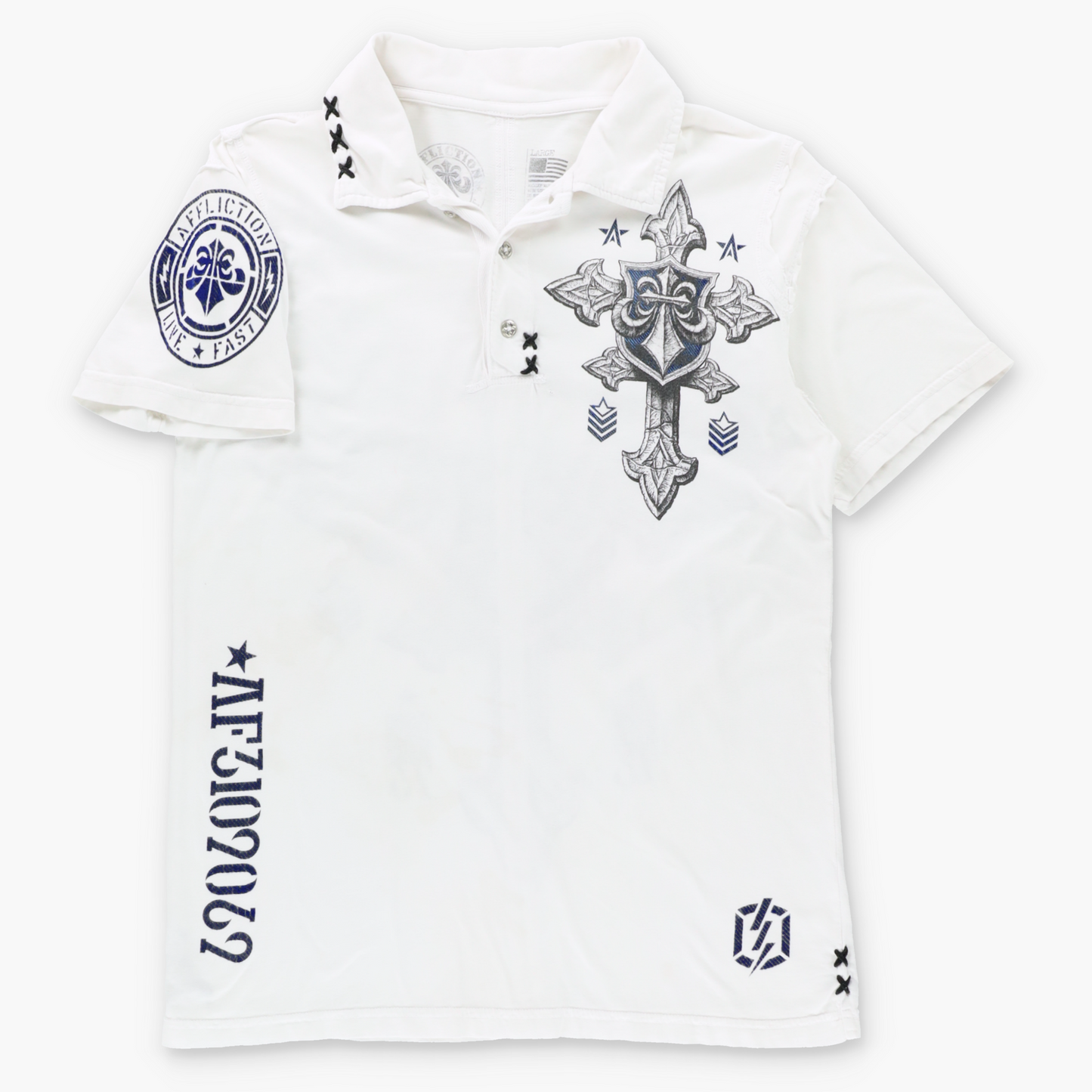 Vintage AFFLICITON Velvet Detail Y2K Cross White & Blue USA Made Polo Shirt (M-L TALL) ***COCO Vintage Sole Melbourne