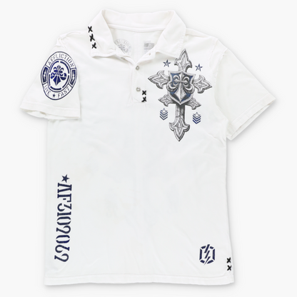 Vintage AFFLICITON Velvet Detail Y2K Cross White & Blue USA Made Polo Shirt (M-L TALL) ***COCO Vintage Sole Melbourne